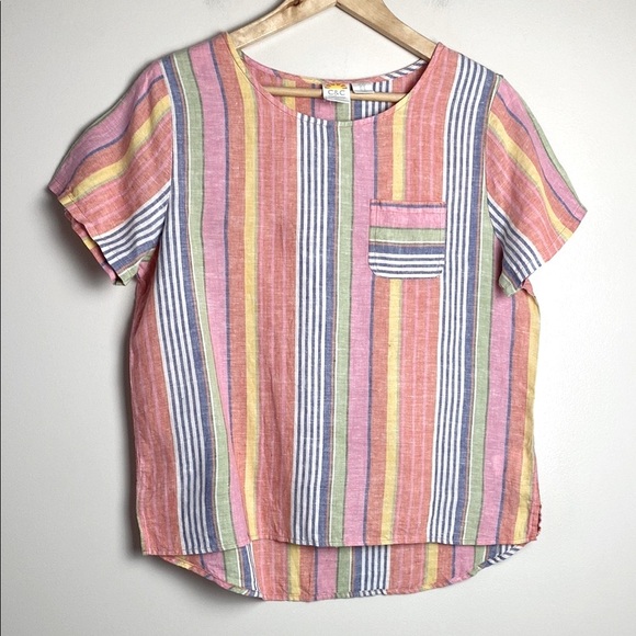 C&C California Rainbow Stripe Linen Blouse Colorful Short Sleeve Top Size M - Picture 1 of 8